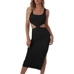 Cutout Waist Black Sleeveless Midi Dress With Back Slit Size S
